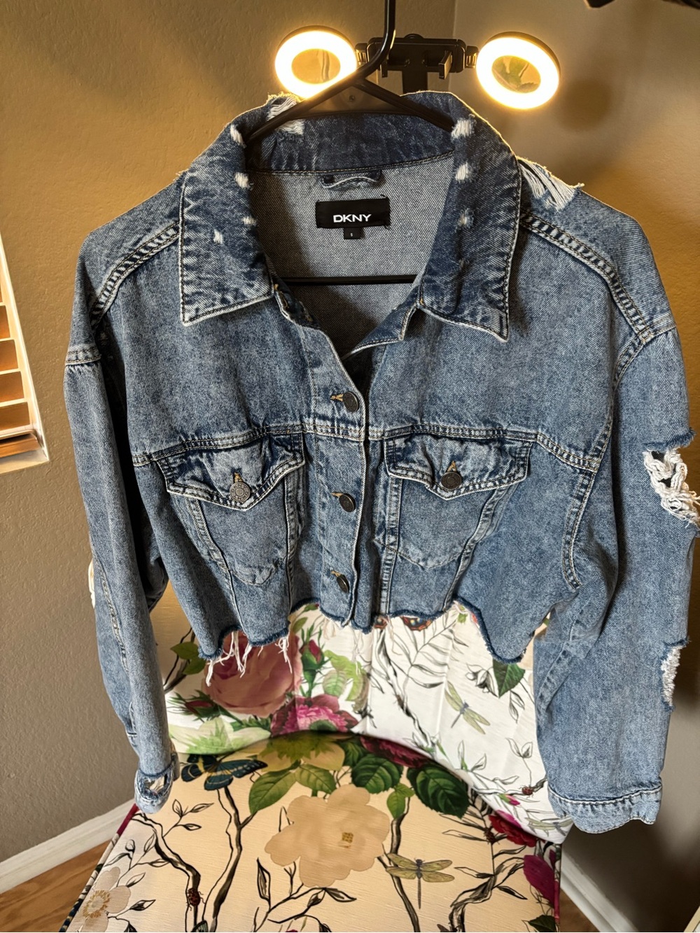 DKNY Distressed Cropped Jean Jacket - Acid Wash Blue